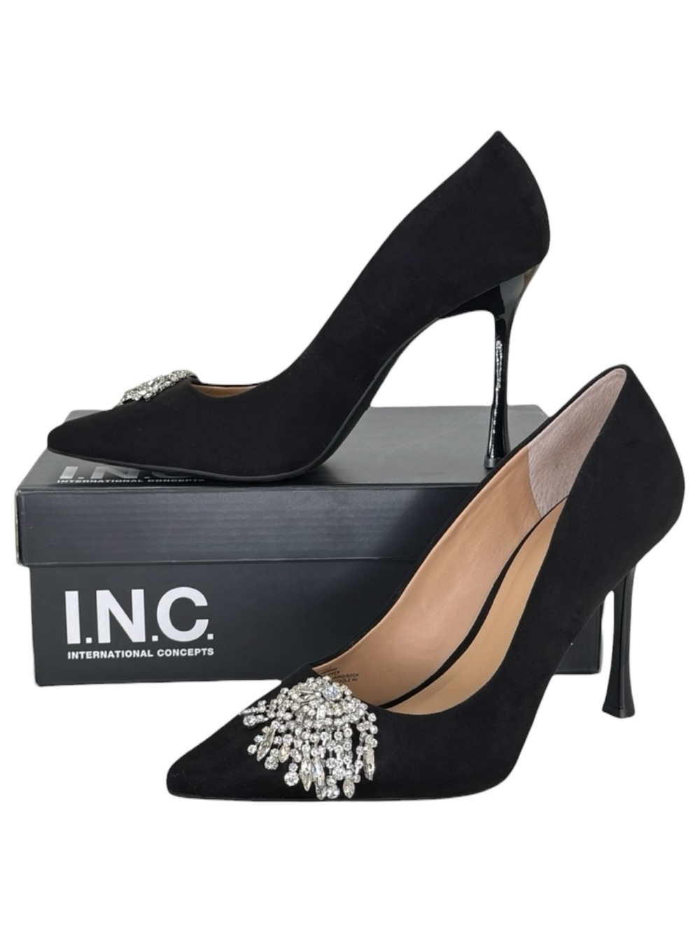 INC Saija Black Microsuede Rhinestone Womens Heels Size 6.5M